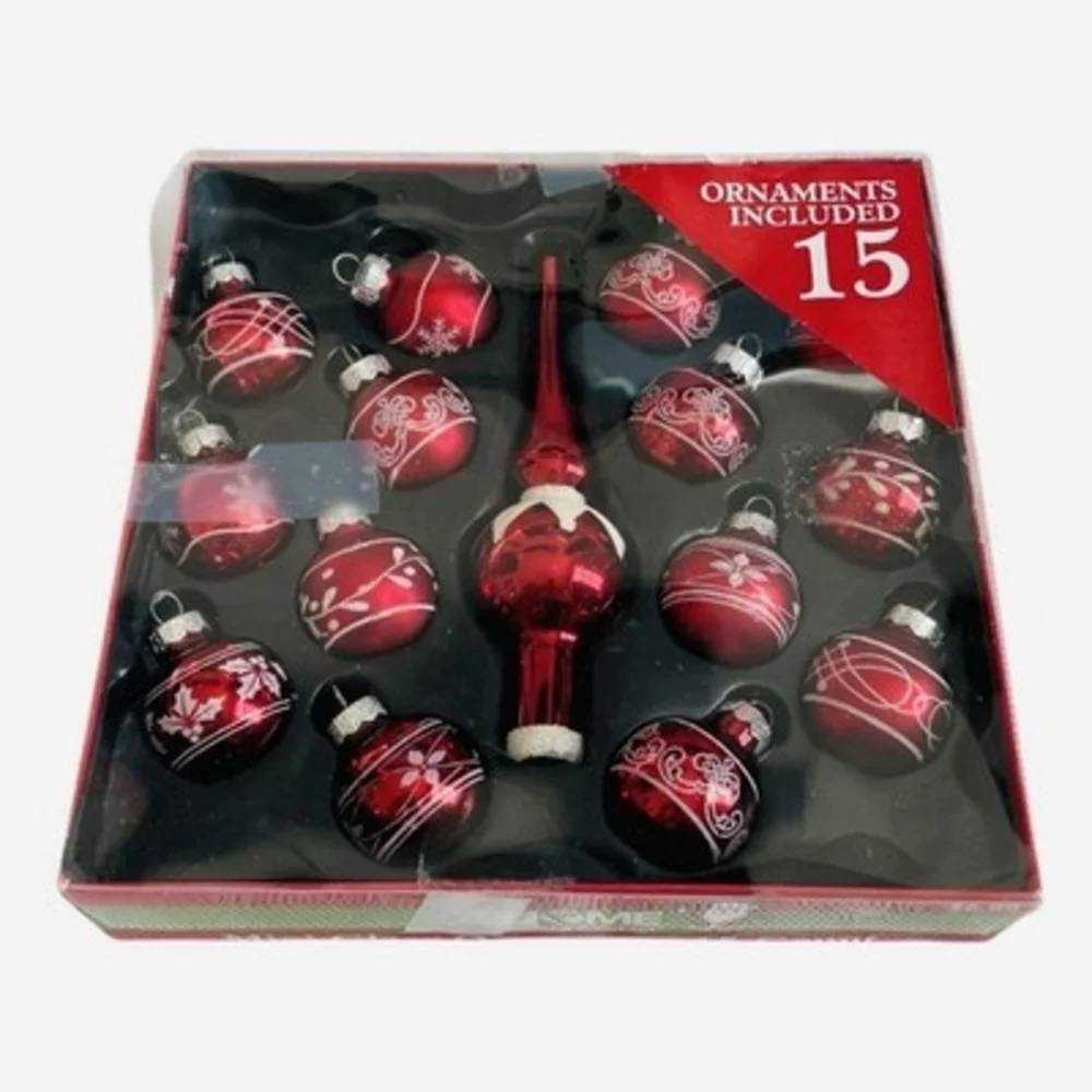 Northlight Seasonal Mini Glass Ornament Topper Set 15pc Red White Glitter VG